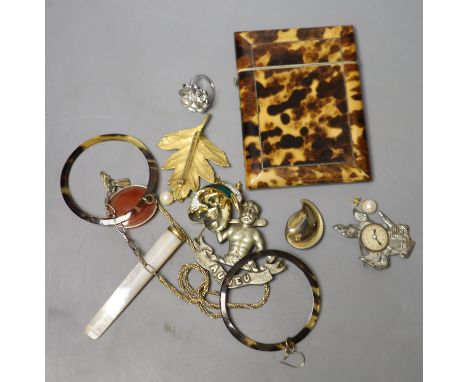 A 19th century tortoiseshell card case, 10.2cm, a pair of 14k and cultured pearl ear studs and a group of minor costume jewel