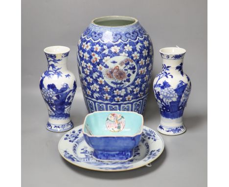 A Chinese vase (cut down), a pair of vases, a blue and white plate and one other item