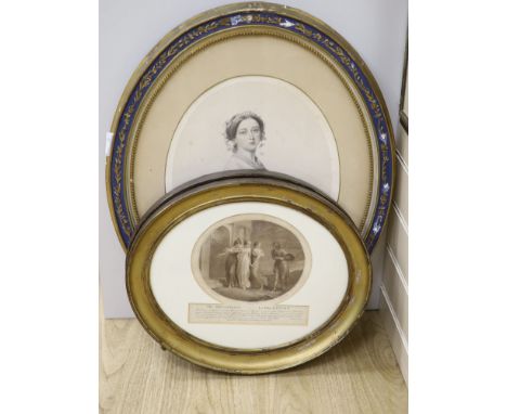 After Winterhalter, coloured lithograph, Portrait of Queen Victoria 1855, 39 x 31cm, and a pair of engravings, 'The Afright' 