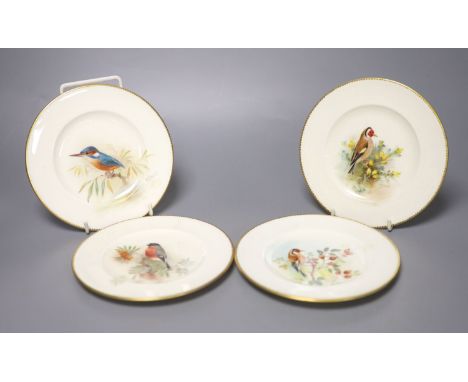 A set of four Royal Worcester plates, painted with Bullfinch, Kingfisher, Goldfinch and another interpretation of Goldfinch, 