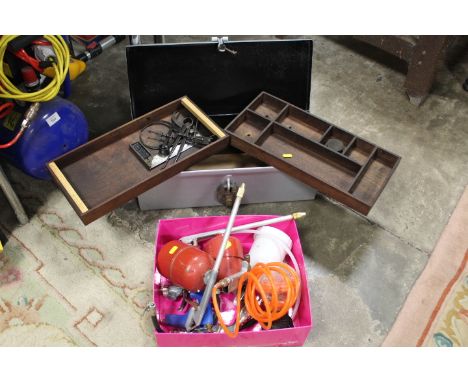 A STEEL TOOLBOX WITH VARIOUS ENGINEERING TOOLS TOGETHER WITH A SELECTION OF AIR TOOLS