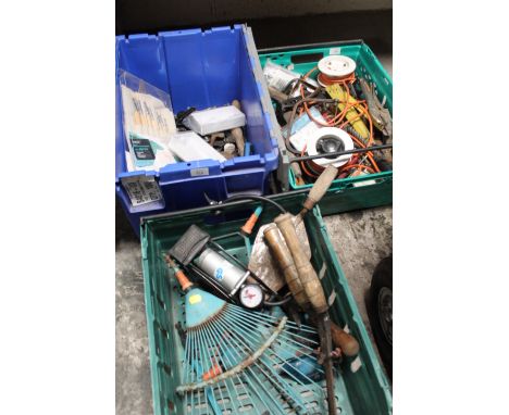 THREE BOXES CONTAINING VARIOUS WORK TOOLS, HARDWARE AND GARDENING TOOLS