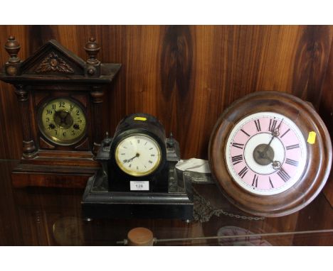 A VINTAGE MAHOGANY CASED POSTMANS WALL CLOCK - INCLUDING TWIN WEIGHTS AND PENDULUM, A VINTAGE ARCHITECTURAL CASED MANTLE CLOC