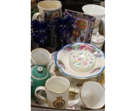 A TRAY OF ASSORTED CERAMICS ETC TO INCLUDE MINTON, AYNSLEY, ROYAL WORCESTER 'FLIGHTS OF FANCY' PATTERN TRINKET DISH TOGETHERW