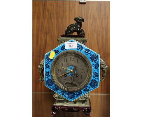 A ORIENTAL CERAMIC CASE MANTLE CLOCK WITH DOG OF FO SURMOUNT A/F