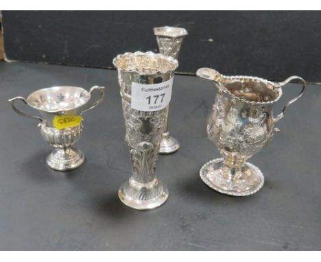 A COLLECTION OF HALLMARKED SILVER COMPRISING TWO BUD VASES,  SMALL JUG AND A CAMPANA URN SHAPED TROPHY WITH ENGRAVING FOR 191