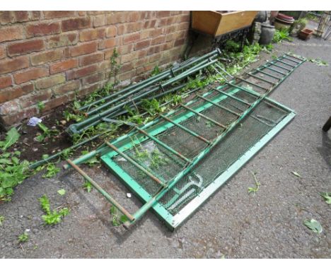 A VINTAGE GREEN  METAL MILITARY LADDER AND A BED BASE ETC