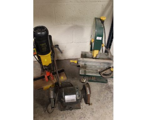 A RECORD RPB58 BAND SAW WITH A PERFORM CCM MORTICER AND A 6" TEST RITE BENCH GRINDER