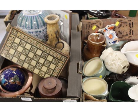 TWO TRAYS OF ASSORTED TREEN, POTTERY AND COLLECTABLES TO INCLUDE A TRAVEL BACKGAMMON BOARD , BOOK SLIDE, TABLE TOP GLOBE ETC