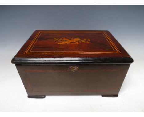 A SWISS CYLINDER MUSIC BOX PLAYING ON TWO BELLS, the simulated rosewood case with inlaid detail to the lid, W 35.5 cm