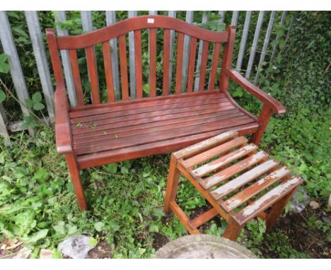 A HARDWOOD GARDEN BENCH AND TABLE 