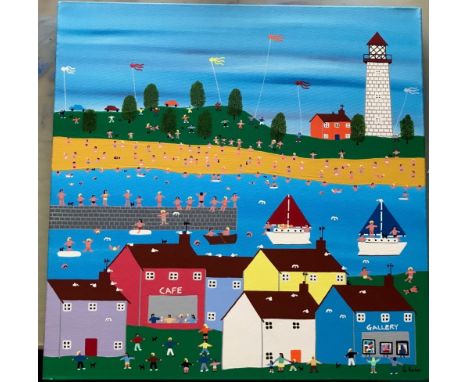 XXI) GORDON BARKER - A MODERN ACRYLIC  BOX CANVAS PAINTING 'ON OUR HOLIDAYS'