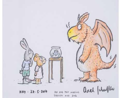 Scheffler (Axel) Original illustration of 'Pip and Posy Meeting Tiddler and Zog', signed and dated by the artist "Hay, 27.5.2