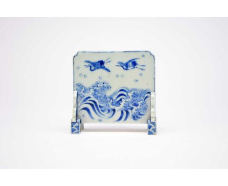 A Japanese Arita mini table screen, Meiji periodOf near square outline with lobed top corners, raised on bracket feet, decora