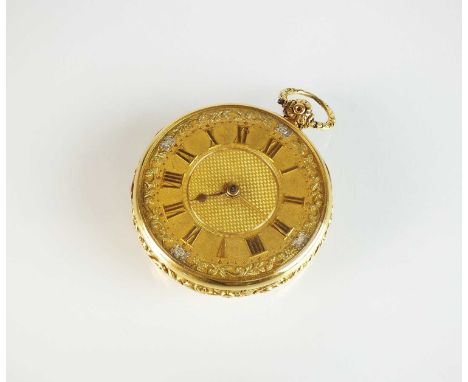 A 19th century 18ct gold fusee verge open face pocket watch, the gold decorative dial with leaf decoration and gold Roman num
