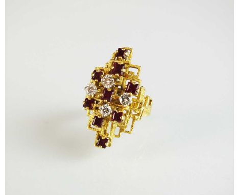 A ruby and diamond abstract dress ring, designed as a stepped cluster of round cut rubies and diamonds claw set to layered ge