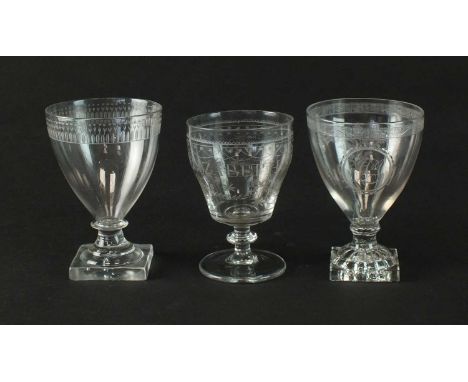 Three George III engraved glass rummerslate 18th and early 19th centuriescomprising a rummer finely engraved with a spray of 