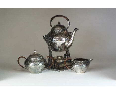 A Jugendstil three piece silver plated tea service by Moritz Hacker, comprising; a kettle on stand with burner, 31cm high (in