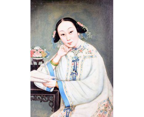 Follower of Lam Qua, a pair of Chinese School portraits of a woman, 19th centuryEach of a young woman seated at a table and h