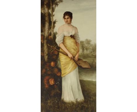 Bessie Gilson (1868-1961)an earthenware rectangular plaque painted with a portrait of lady holding a lyre, after Die Lautensc