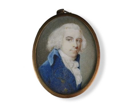 English School (late 18th/early 19th century), Portrait Miniature of a Gentleman with powdered wig and wearing a blue jacket,