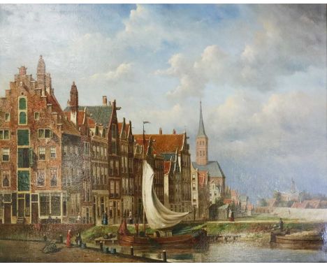 D*R* de Jongh (Dutch School), A riverside port scene, Signed lower left ‘D.R. de Jongh’, oil on canvas, 70cm x 85.5cmConditio