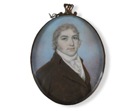 English School (Early 19th century), Miniature portrait of a gentleman looking to dexter, wearing a white stock and brown coa