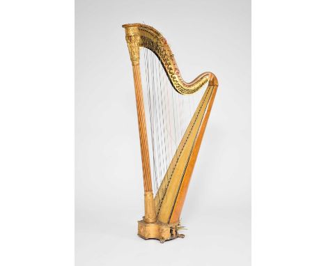 A first half of the 19th century gilt gesso and painted harp by Jacob &amp; James Erat, the fluted column form support with a