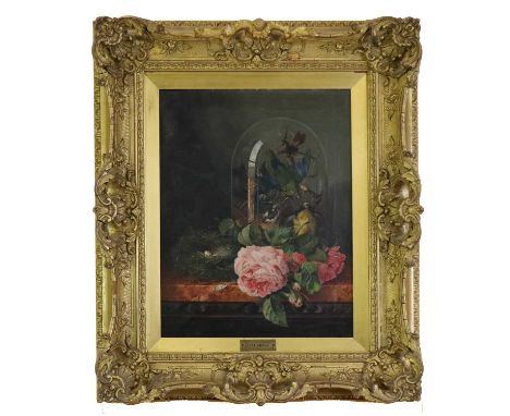 Ellen Ladell (British, 1853-1928 ), a study of taxidermy in a glass dome, on a marble topped table with roses and a bird’s ne