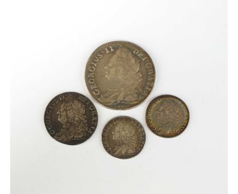 A George II half crown, dated 1746, Lima below bust, ref Spink 3695, together with two George II sixpences, dated 1757 and 17