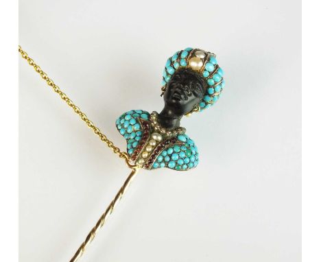 An early Victorian turquoise, pearl, diamond and garnet Blackamoor pin, the carved head mounted with pearl, turquoise and dia