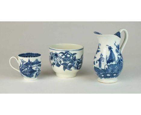 A small group of Caughleycirca 1780scomprising a helmet cream jug and a coffee cup, transfer-printed in underglaze blue with 