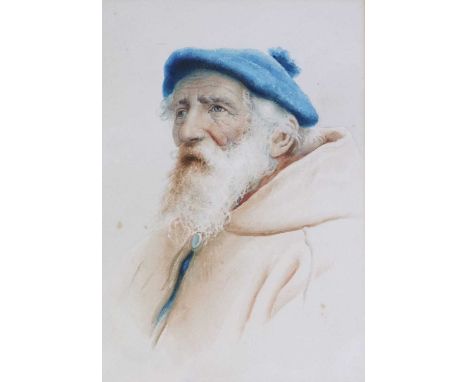 Swedish School (19th Century) Portrait of a Bearded Man wearing Cloak and Blue Hat, watercolour, measurements 28 x 22 cm (i),