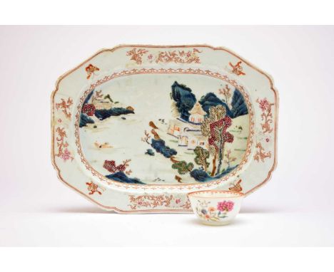 A Chinese famille rose dish, QianlongOf canted rectangular form and painted in colours with village and trees beside a river,
