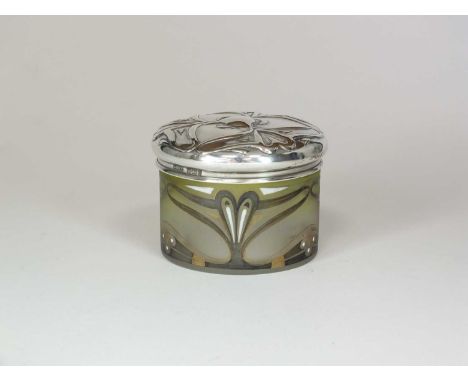 An Art Nouveau silver topped glass dressing table jar, J Collyer &amp; Co Ltd, Birmingham 1904, the graduated clear and green