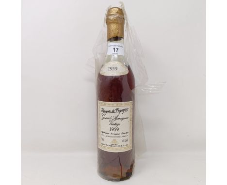 A bottle of Marquis de Puysegur Grand Armagnac Vintage 1959, 70 cl, 40% Alc vol.Level mid to high shoulder