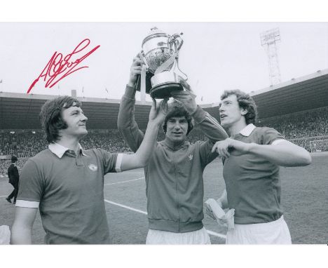 Autographed ALEX FORSYTH 12 x 8 photo - B/W, depicting a wonderful image showing Forsyth and his Man United team mates Martin