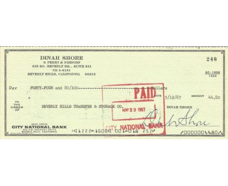 Dinah Shore signed personal cheque. USA singer, actress and TV personality. Good condition. All autographs come with a Certif