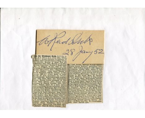 Menin Gate sculptor. 4x2 inch card signed by William Reid Dick, with newspaper clipping listing his achievements affixed, whi