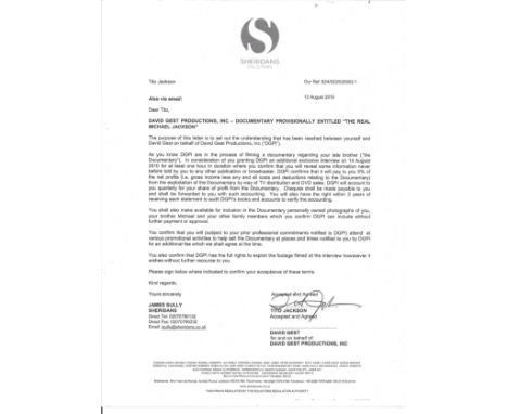Tito Jackson, Katherine Jackson and David Gest signed contracts for the Michael Jackson documentary. Good condition. All auto