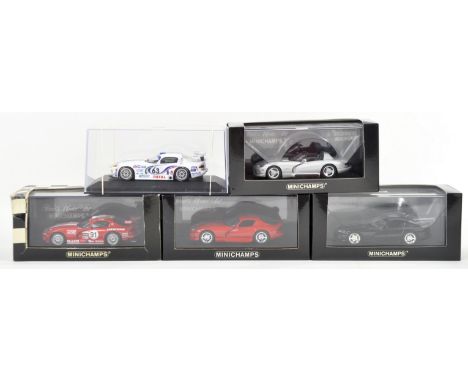 A collection of x5 Minichamps made boxed 1/43 scale precision diecast model Dodge cars comprising models No. 144034 Dodge Vip