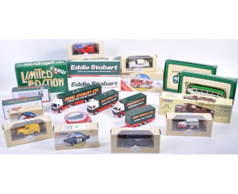 A large collection of assorted Corgi and Atlas Editions diecast model trucks, lorries and cars comprising x8 Eddie Stobart re