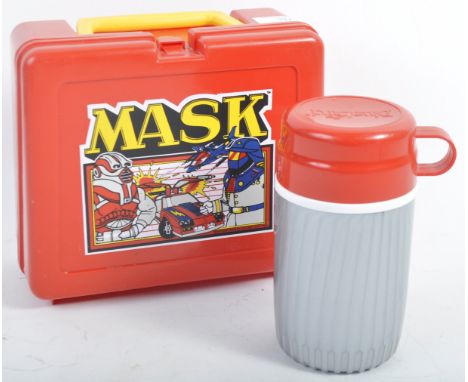 An original vintage 1985 Bluebird made Kenner Mask retro lunch storage box with thermos. Red plastic construction with yellow