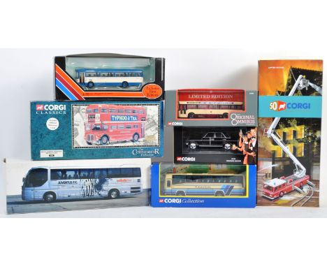 A collection of x7 assorted diecast model buses and other vehicles of various scales and makers to include Corgi Original Omn