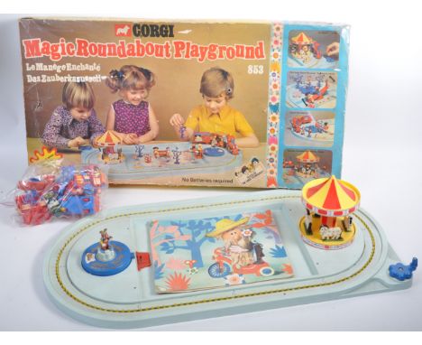 An original vintage Corgi made boxed Magic Roundabout playground set No. 853. The appearing largely complete with roundabout,