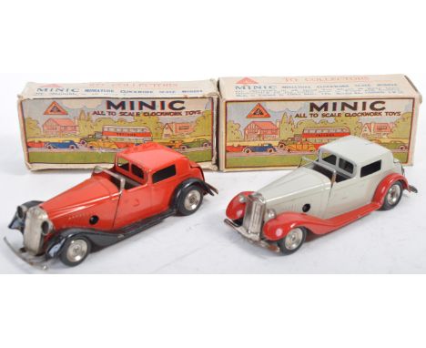 Two&nbsp;original vintage Triang / Tri-ang Minic Lines Bros made tinplate clockwork Vauxhall Tourer cars. One black and red e