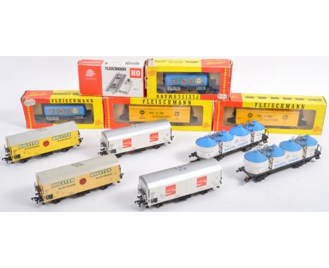 A collection of x11 assorted Fleischmann made HO / 00 gauge model railway trainset locomotive rolling stock wagons comprising