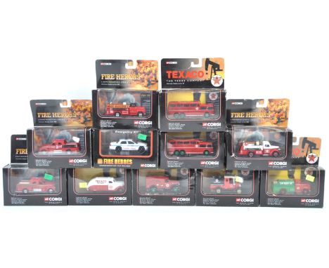 A collection of 11x Corgi made Fire Heroes and Texaco boxed diecast model fire engines / fire vehicles and Texaco related mod