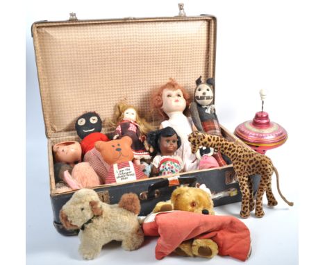 A collection of assorted vintage and antique soft toy teddy bears and dolls to include a straw filled Felix The Cat, a pink M