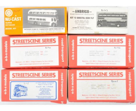 A collection of 6x original vintage 00 gauge model railway trainset scale 1/76 4mm white metal bus kits comprising ABS Models